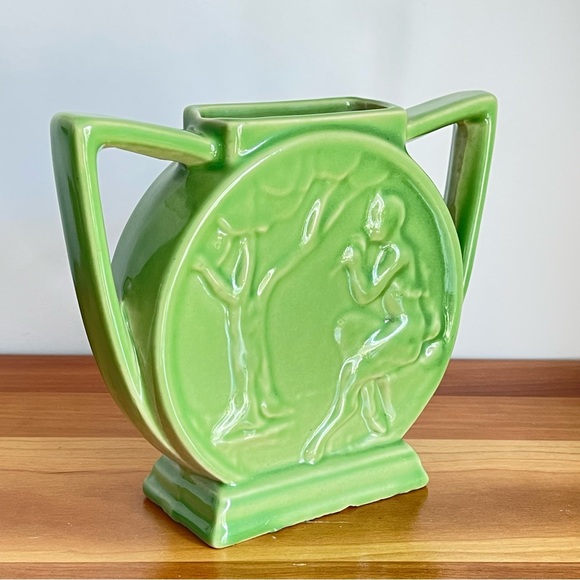 Green Art Deco Style Vase Rare Alamo Pottery MCM Greek God Pan & Grapevine - Picture 5 of 11